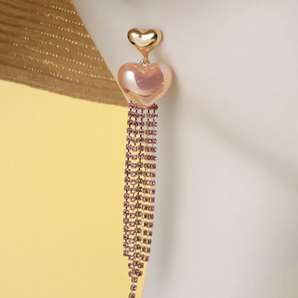 nOir long tassel rhinestone heart shaped drop dangle pink/orange earrings- New